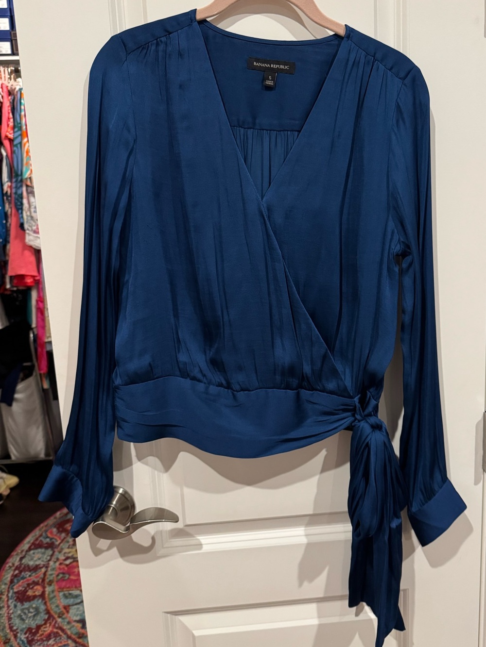 Banana Republic Deep Blue Satin Wrap Blouse with Side Tie